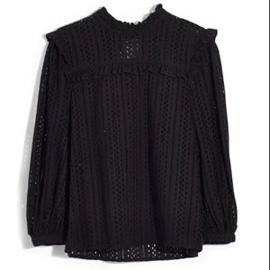 Ruffle Mock Neck Eyelet Blouse In True Black